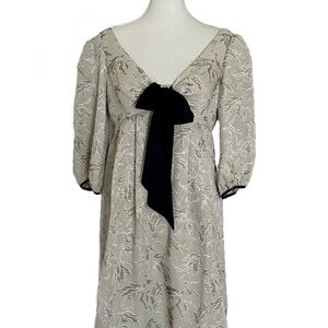 Max and Cleo Jacquard Print Gold Bow Dress with Empire Waist - Cream Black Sz 10